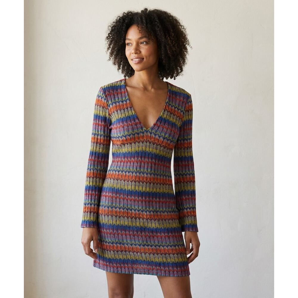 Ramy Brook Maya Striped Zigzag Flare-Sleeve A-line Mini Dress, size XXS